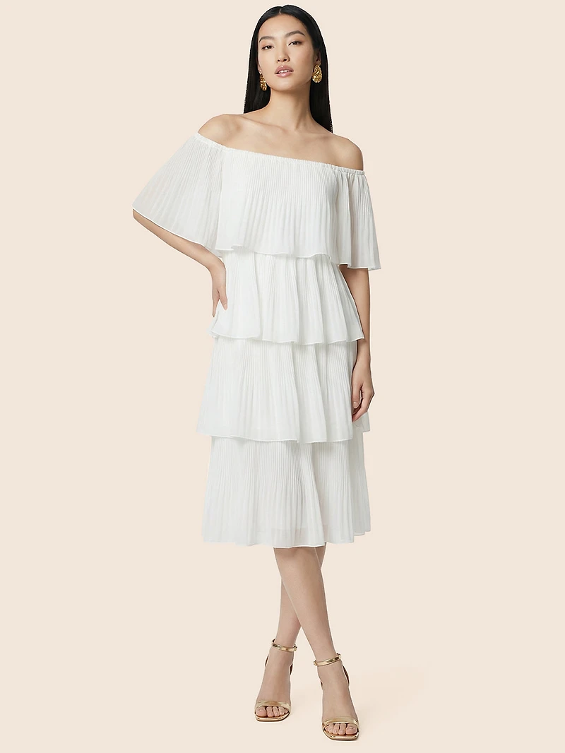 Off-The-Shoulder Pleated Tiered Midi Dress