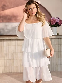 Off-The-Shoulder Pleated Tiered Midi Dress