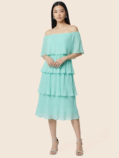 Off-The-Shoulder Pleated Tiered Dress