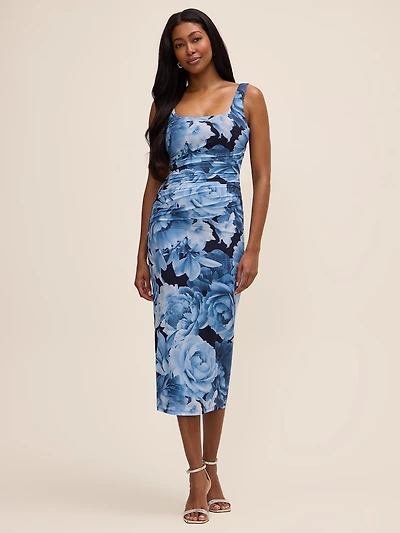 Robe cocktail mi-longue à motif floral