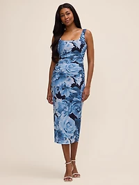 Robe cocktail mi-longue à motif floral