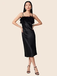 Feathered Midi Satin Slip Dress