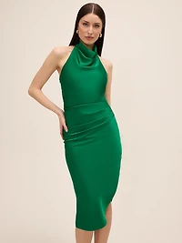 Draped Halter Neck Satin Midi Dress