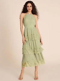 Halter Neck Pleated Tiered Midi Dress