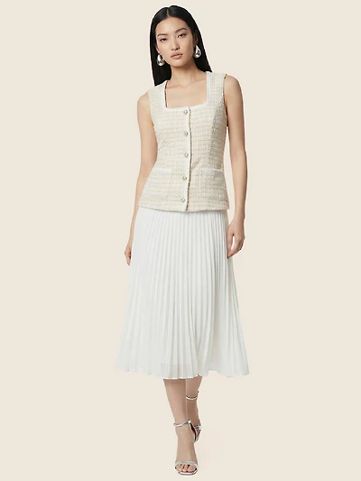 Bouclé Vest Midi Dress With Pleated Skirt