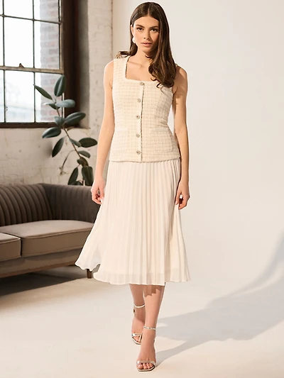 Bouclé Vest Midi Dress With Pleated Skirt