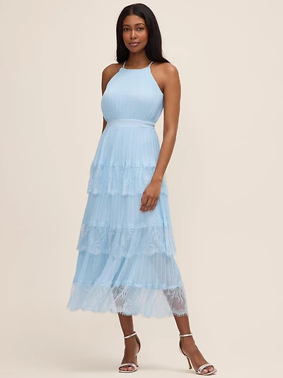 Pleated Chiffon Tiered Midi Dress