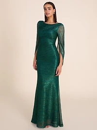Metallic Crinkle Knit Gown With Back Cape