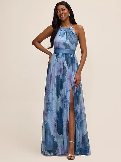 Robe longue métallisée à motif floral