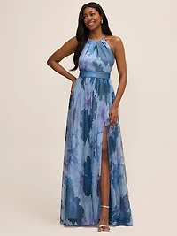 Robe longue métallisée à motif floral