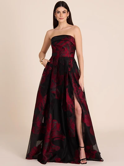 Strapless Floral Jacquard Gown