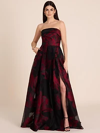 Strapless Floral Jacquard Gown