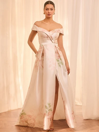 Off-The-Shoulder Floral Ball Gown