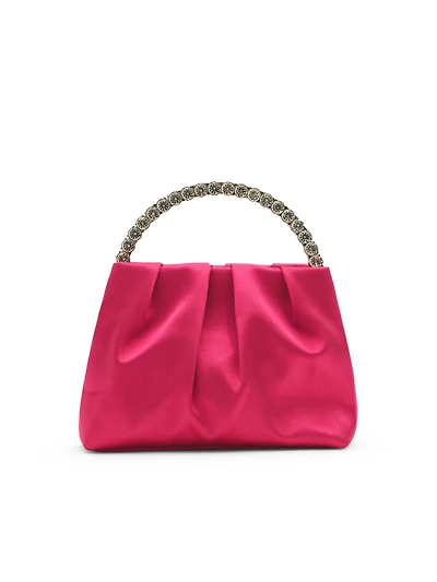 Pochette en satin avec poignée ornée de bijoux