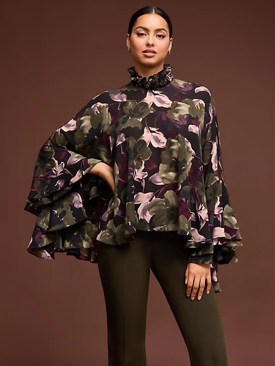 Printed Chiffon Poncho Blouse