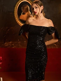 Off-The-Shoulder Sequin Midi Dress