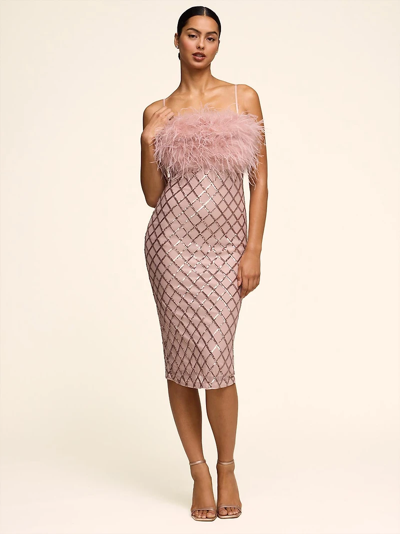 Sequin Midi Dress With Feather Trim