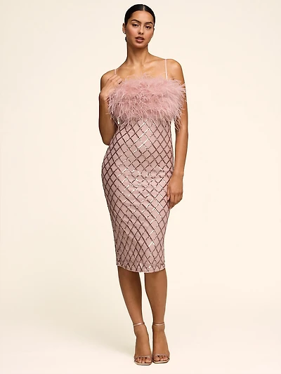 Sequin Midi Dress With Feather Trim
