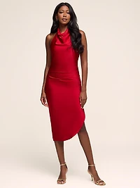 Draped Halter Neck Satin Midi Dress