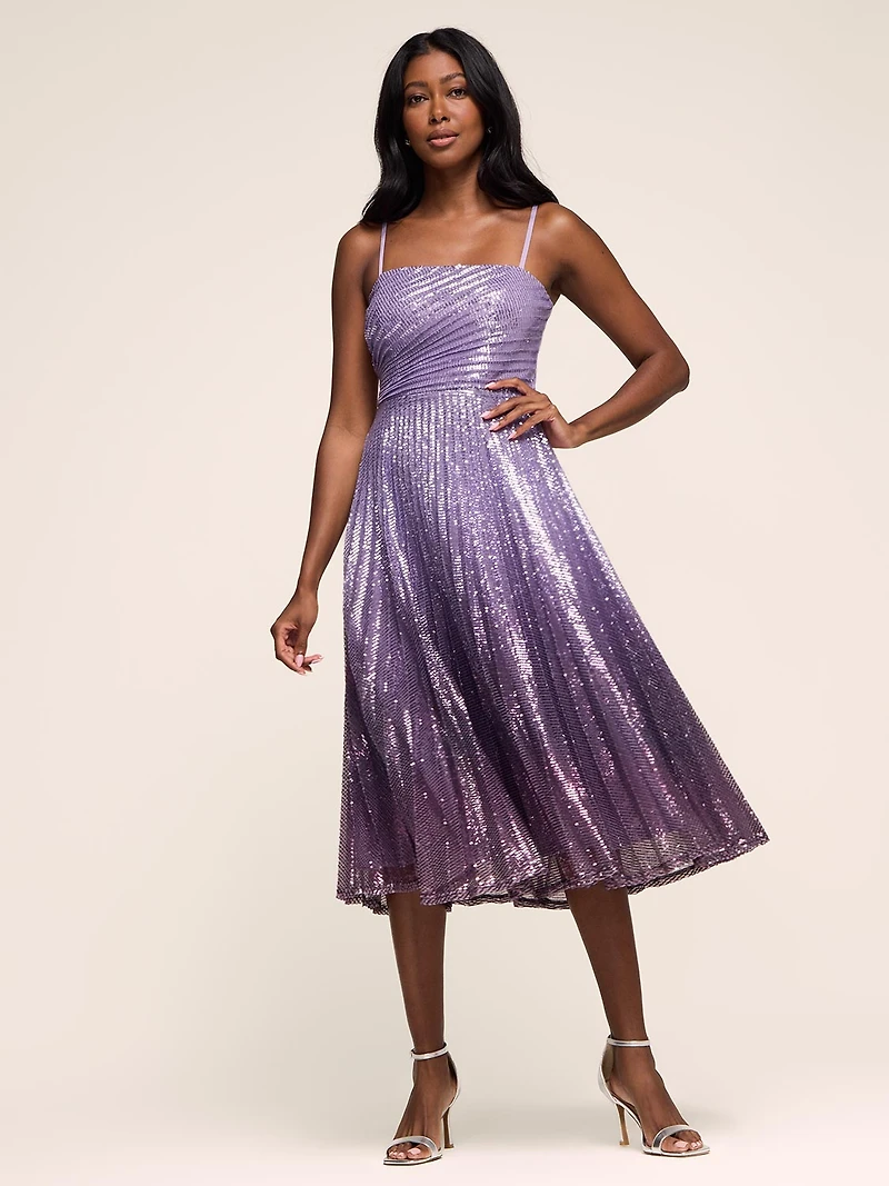 Robe ajustée et évasée mi-longue à paillettes effet ombré
