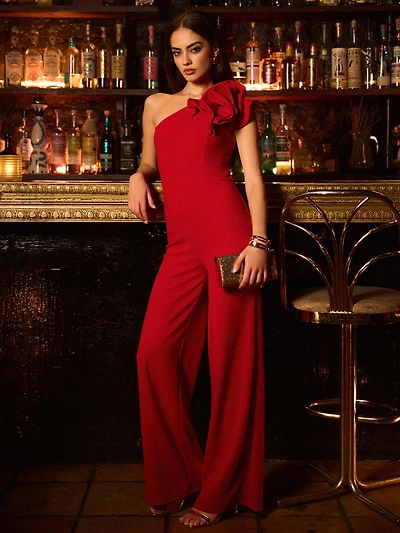 Ruffle One-Shoulder Wide-Leg Jumpsuit