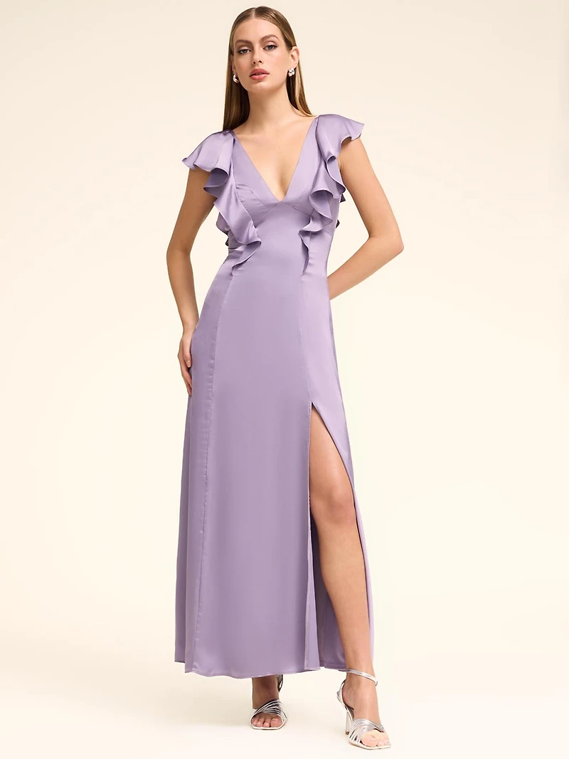 Robe en satin à col V et volants