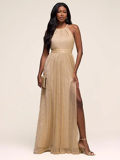 Halter Neck Metallic Crinkle Knit Gown