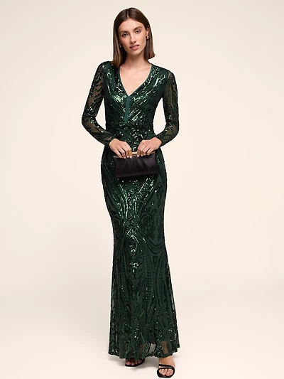 Long Sleeve Floral Sequin Gown