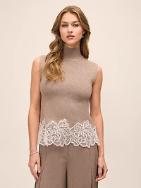Lace Trim Mock Neck Sleeveless Sweater