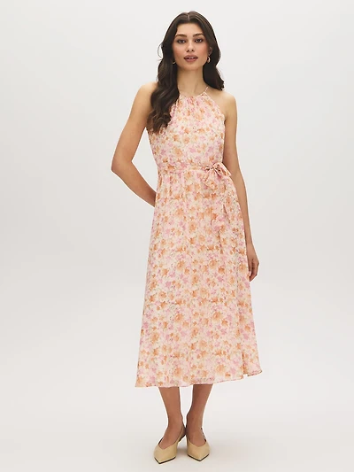 Robe mi-longue à col licou et imprimé floral