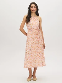 Robe mi-longue à col licou et imprimé floral