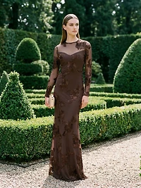 Soutache Floral Mesh Long Sleeve Gown