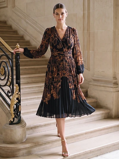 Pleated Paisley Chiffon Dress
