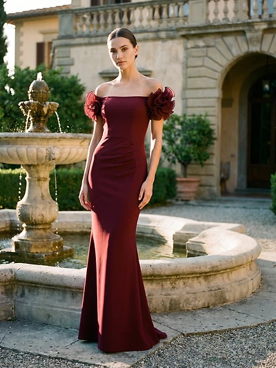 Off-Shoulder Knit Crepe Gown with Chiffon Rosette Sleeves