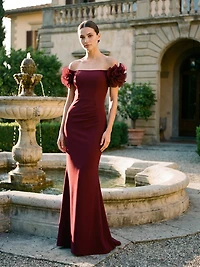 Off-Shoulder Knit Crepe Gown with Chiffon Rosette Sleeves