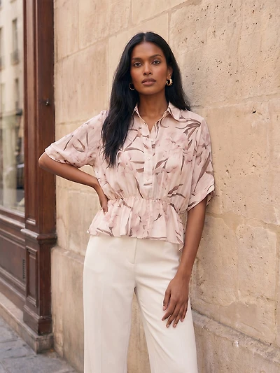 Printed Dolman Sleeve Peplum Blouse