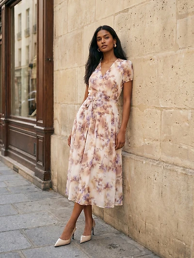 Floral Print Textured Chiffon Midi Dress