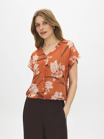 Printed Dolman Sleeve V-Neck Blouse