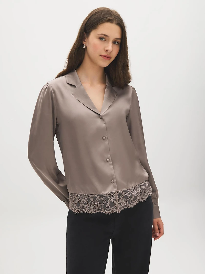 Lace Hem Satin-Like Blouse