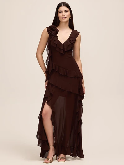 Robe longue en mousseline à volants étagés