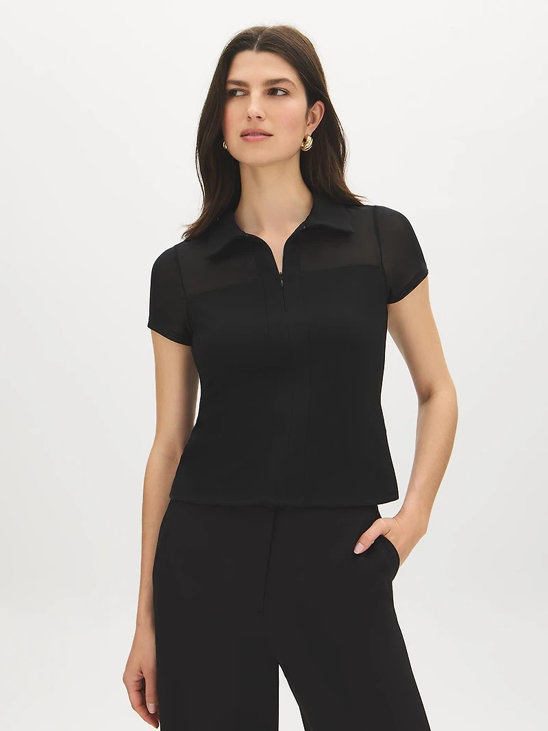 Mesh Yoke Open Collar Top