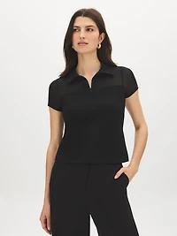 Mesh Yoke Open Collar Top