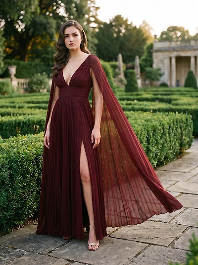 V-Neck Pleated Chiffon Gown with Detachable Cape
