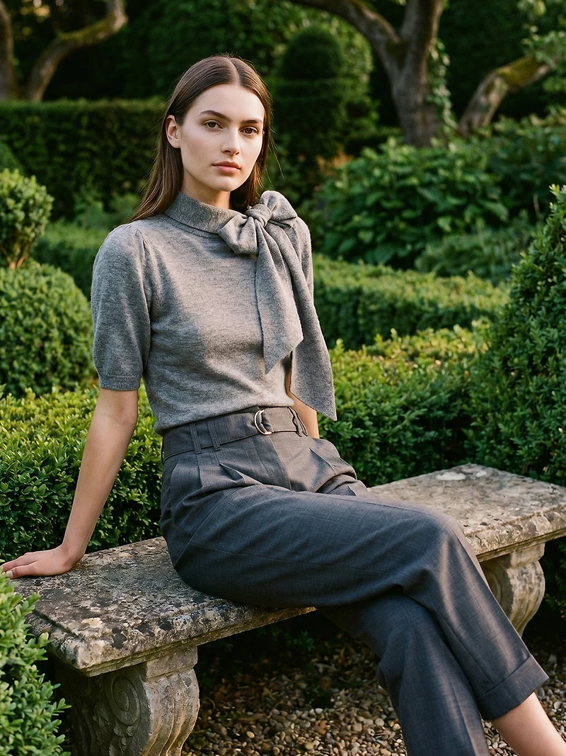 Tie Neck Short Sleeve Knit Sweater