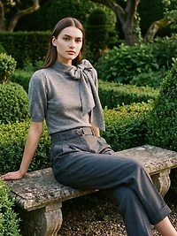 Tie Neck Short Sleeve Knit Sweater