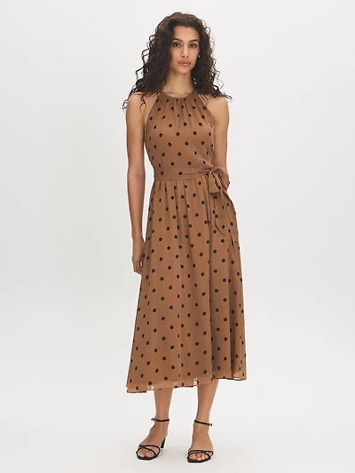 Robe mi-longue à col licou et motif pois