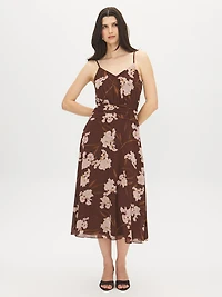 Robe mi-longue en mousseline à motif floral et col V