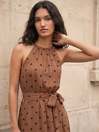 Robe mi-longue à col licou et motif pois