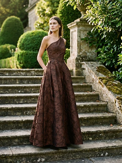 One-Shoulder Jacquard Floral Gown