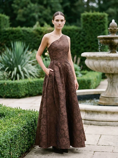 One-Shoulder Jacquard Floral Gown